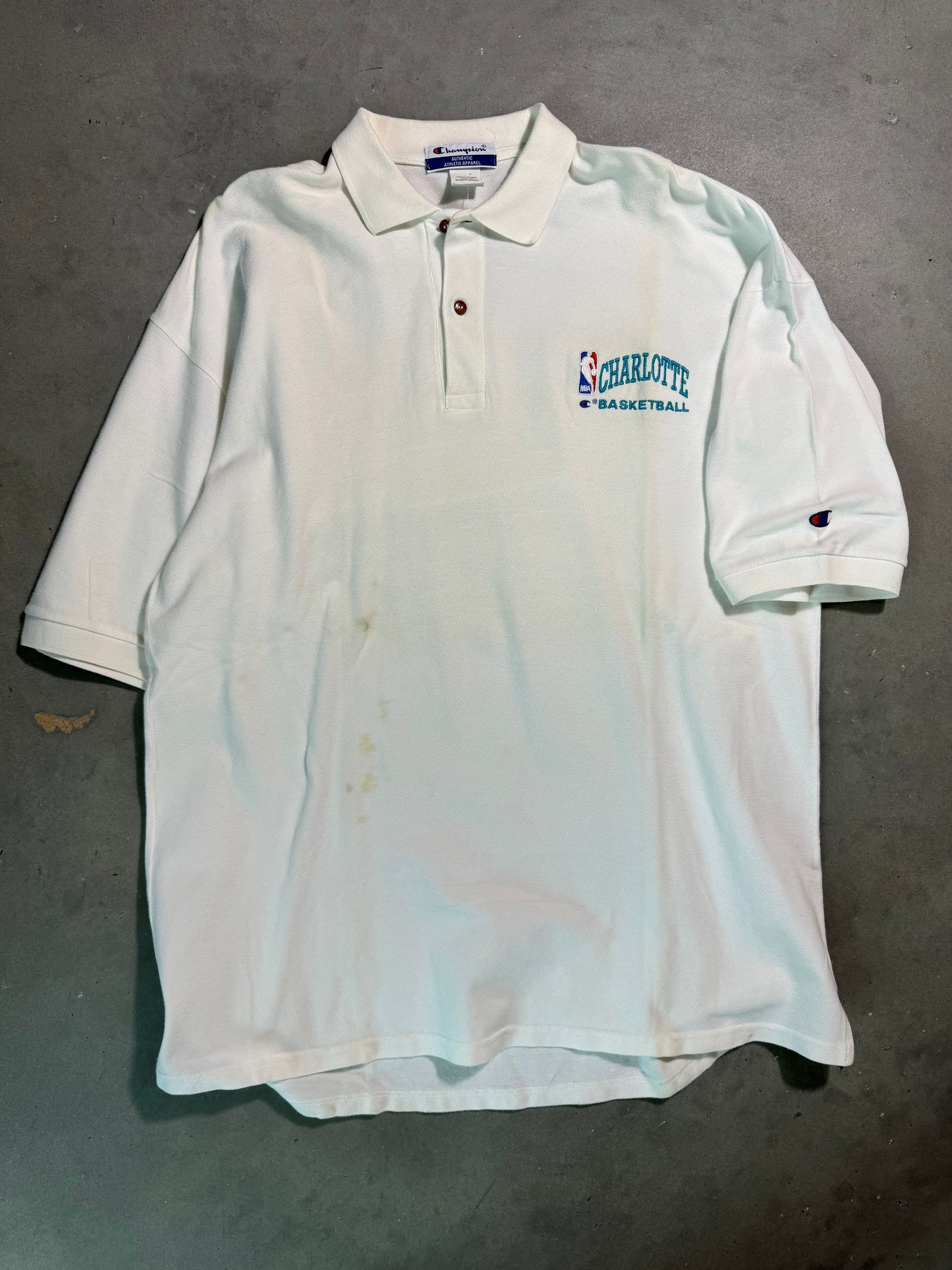 90’s Charlotte Hornets Basketball Vintage White Champion Embroidered Collared NBA Polo Shirt (XXL)
