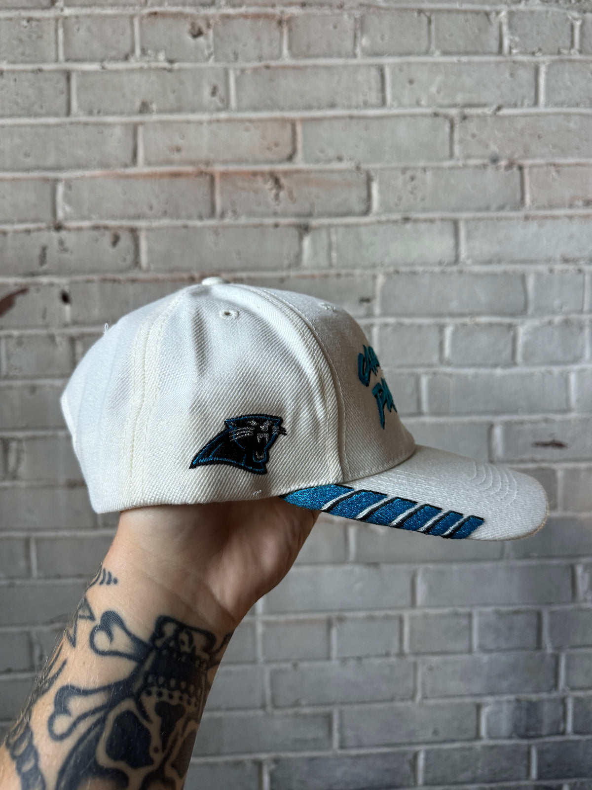 90’s Carolina Panthers Vintage White Wool Cat Scratch Font Sports Specialties NFL Snapback Hat (OSFA)