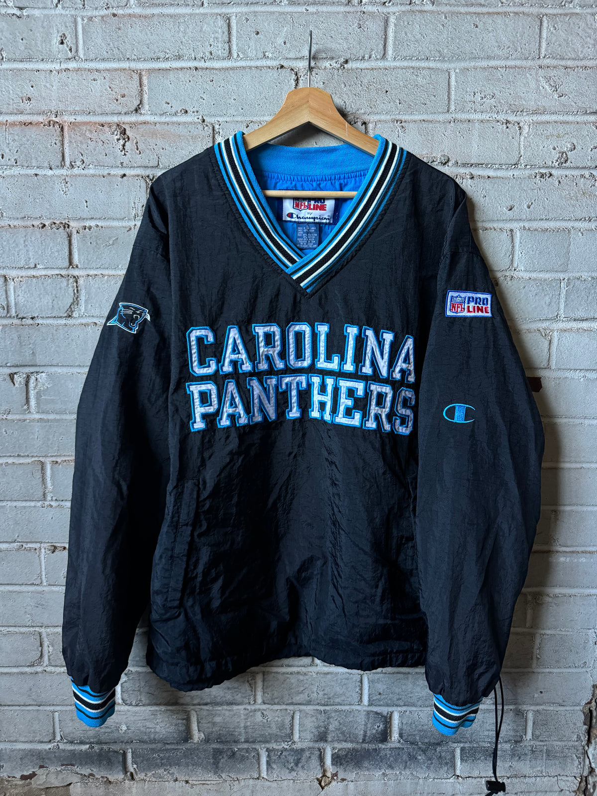 90’s Carolina Panthers Vintage Black Champion NFL Pro Line Cotton Lined Nylon Sideline NFL Pullover Jacket (Large)