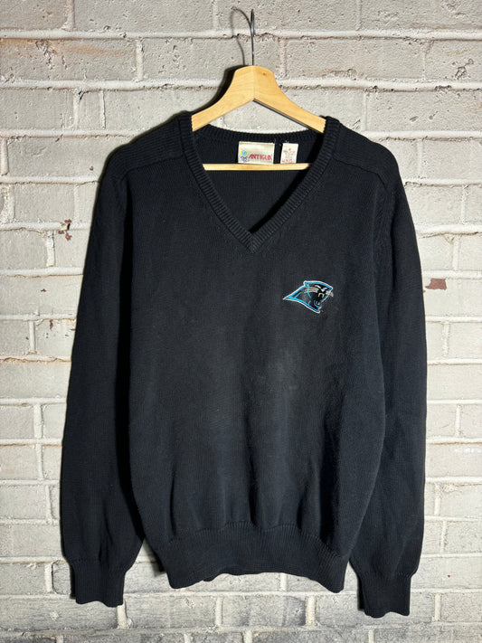 90’s Carolina Panthers Vintage Black Embroidered Heavyweight Antigua V Neck Golf Sweater (Medium)
