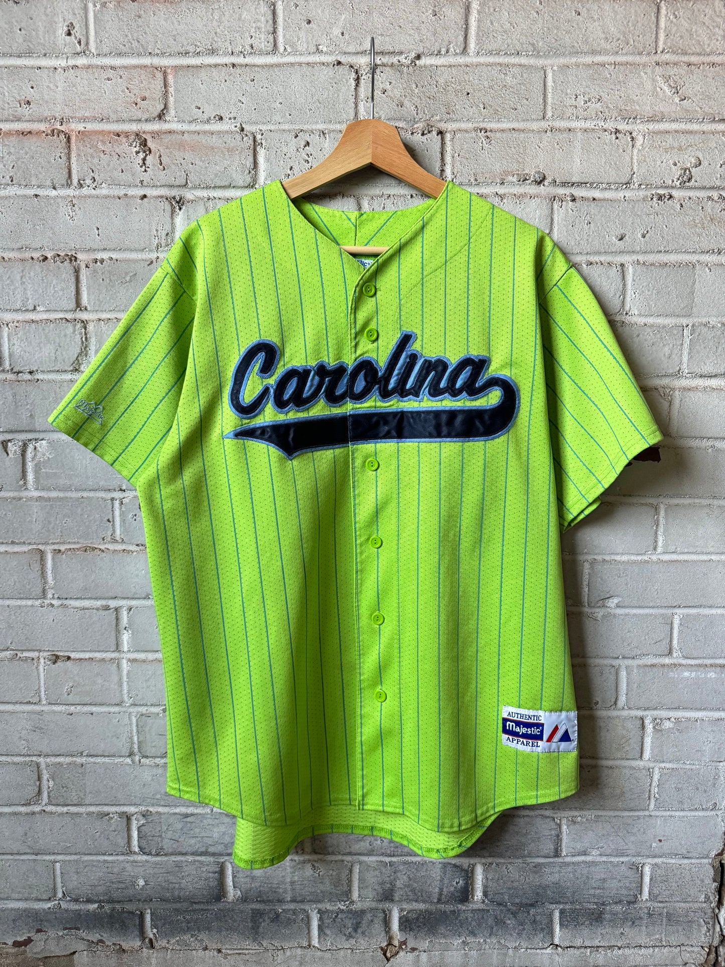 00’s UNC Carolina Tarheels Vintage Lime Green Pinstriped Baseball Jersey (Large)