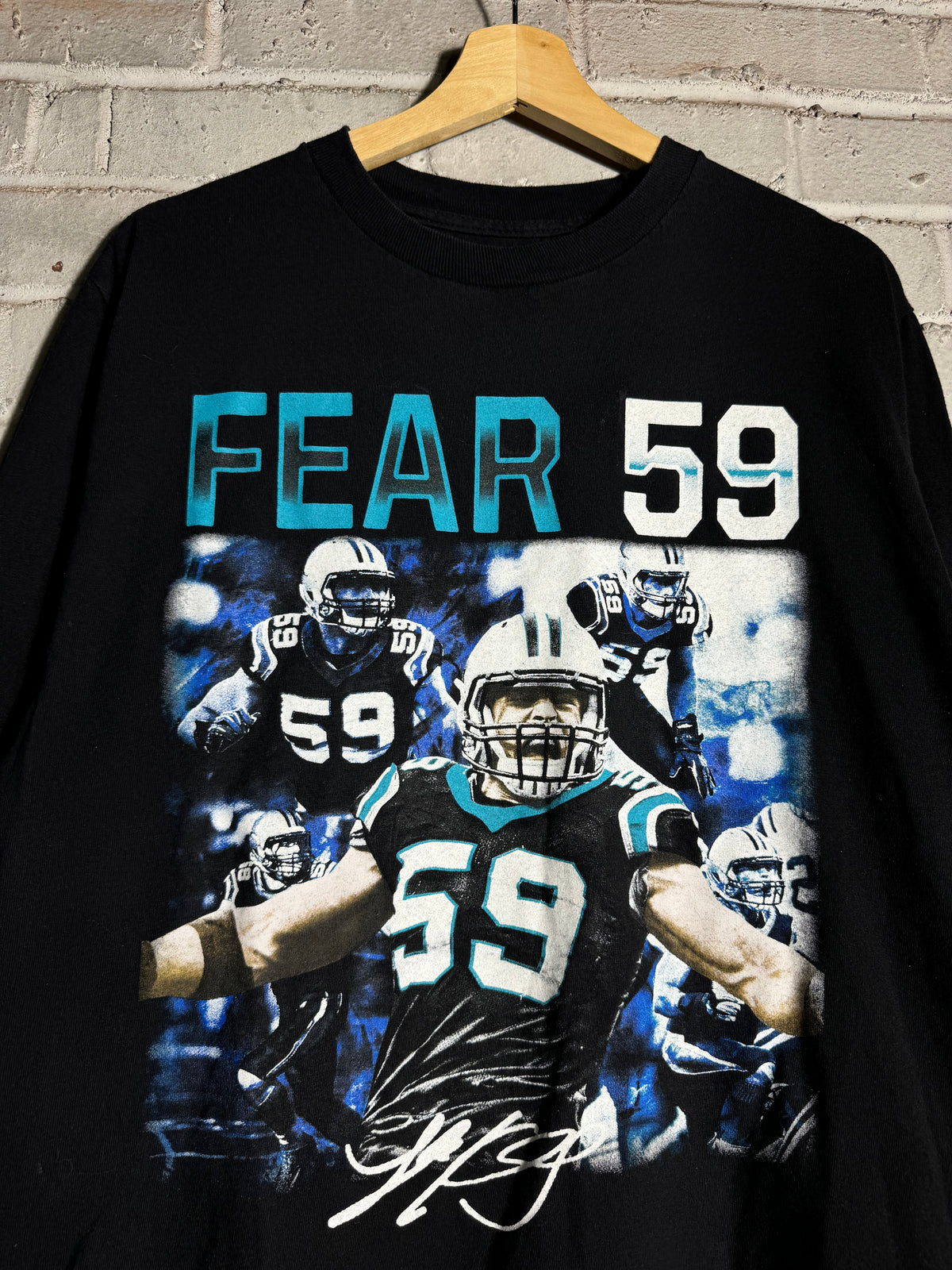 2010’s Carolina Panthers Luke Kuechly “Fear 59” Black NFL Longsleeve Tee (Medium)