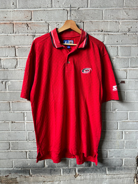 90’s Carolina Hurricanes Vintage Red Starter Tonal Checkered Print NHL Polo Collared Shirt (Large)