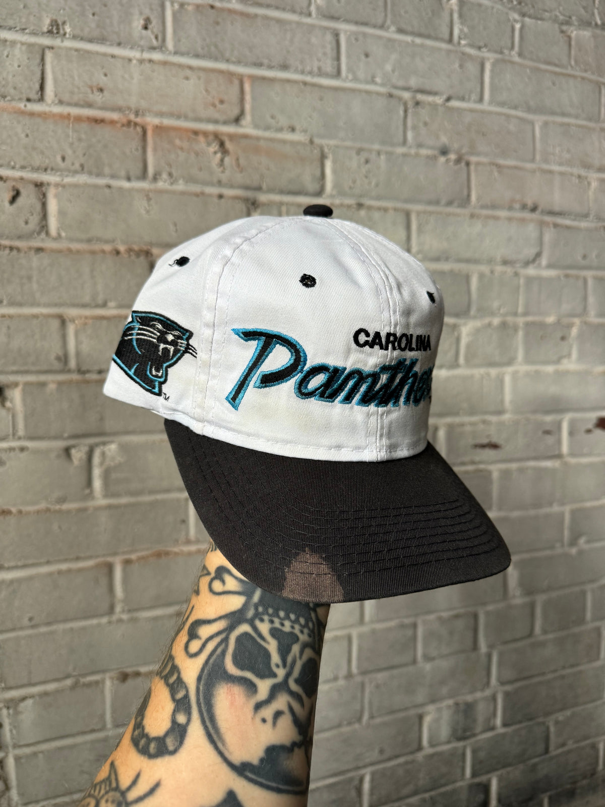 90’s Carolina Panthers Vintage White Sports Specialties Script Sideline Snapback Hat (OSFA)