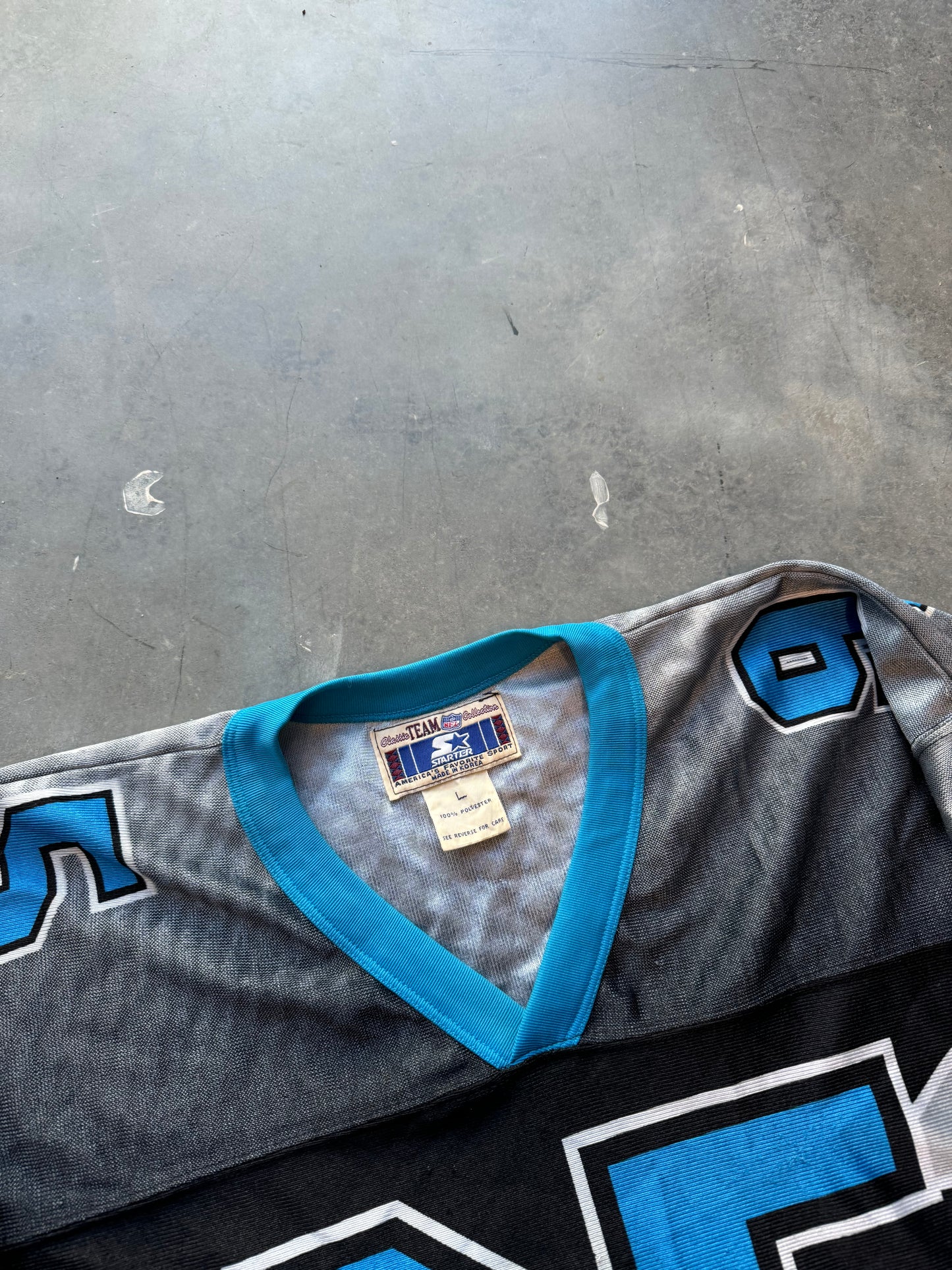 90’s Carolina Panthers Vintage Starter Big Cat Face Logo All Over Print NFL Jersey (Large)