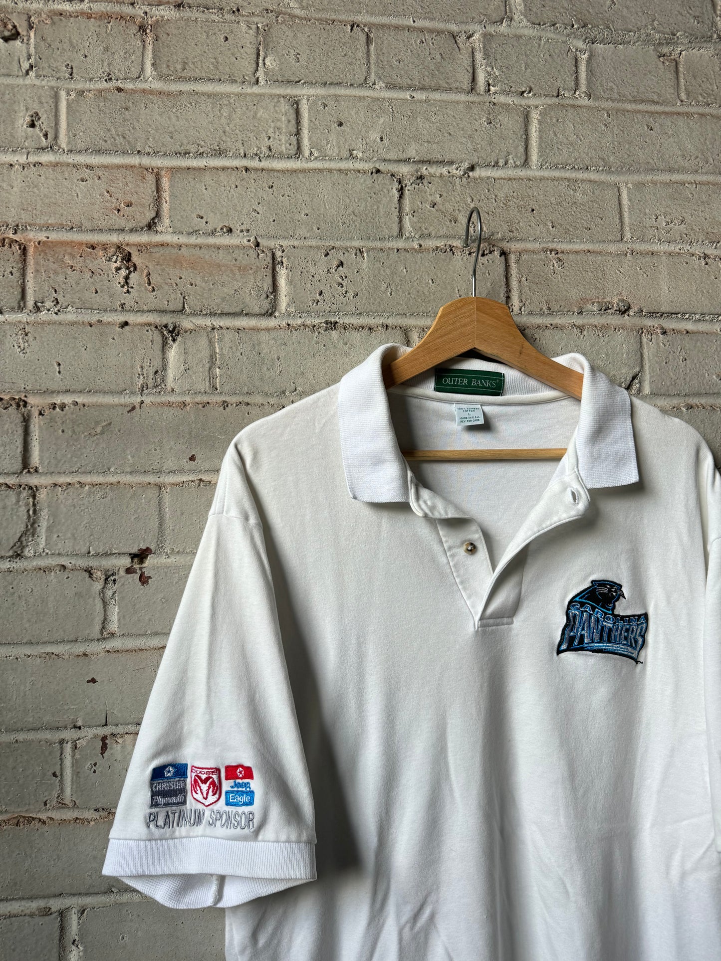 1995 Carolina Panthers Vintage White Embroidered Chrysler Dodge Jeep Ram Collared Polo NFL Shirt (Large)