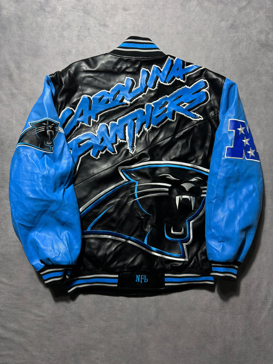 00’s Carolina Panthers Vintage Big Logo Cat Scratch Font Poly Leather Embroidered NFL Jacket (XL)