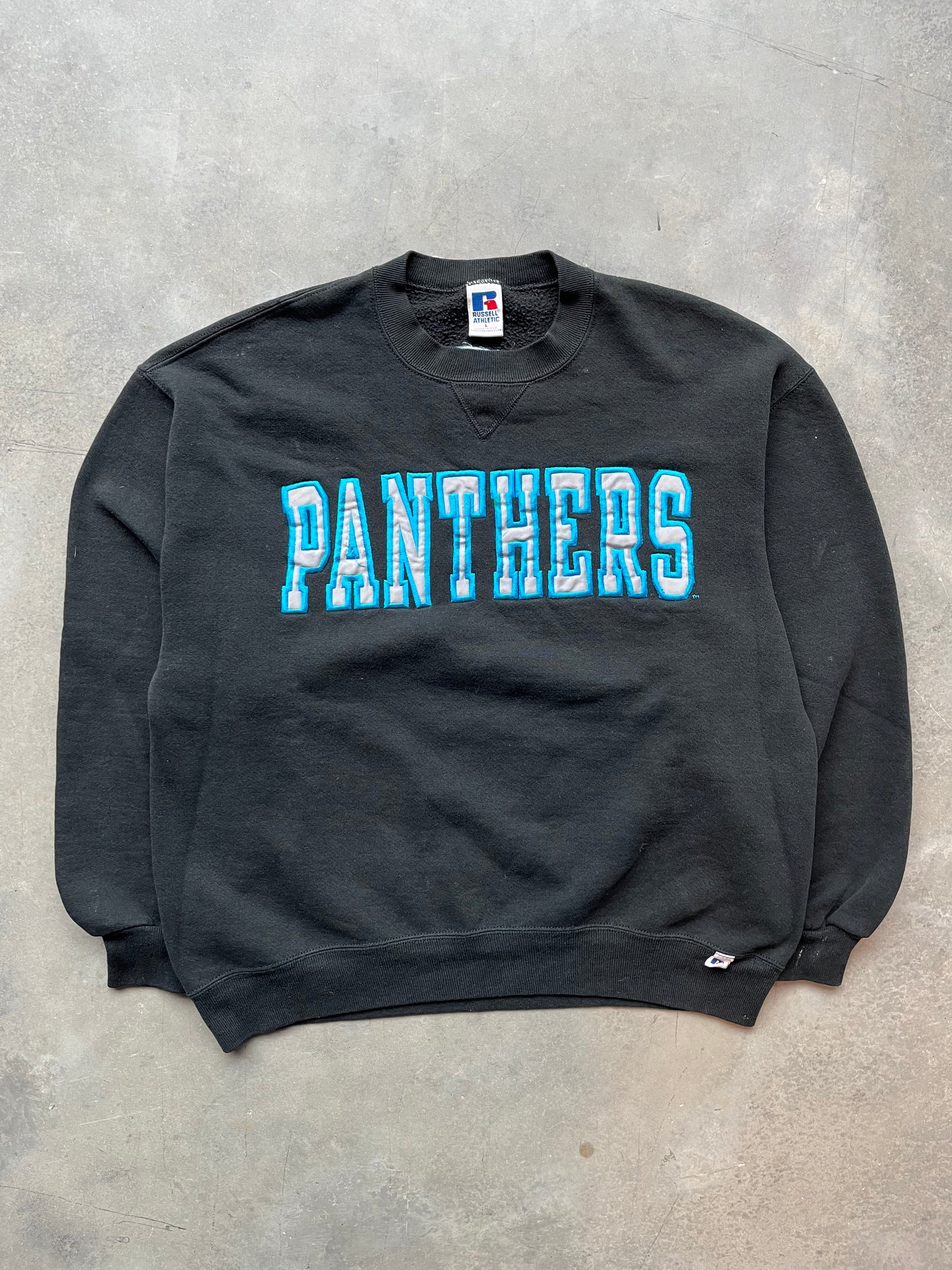 90's Carolina Panthers Russell Athletic Embroidered Spellout Crewneck Sweatshirt (Large)