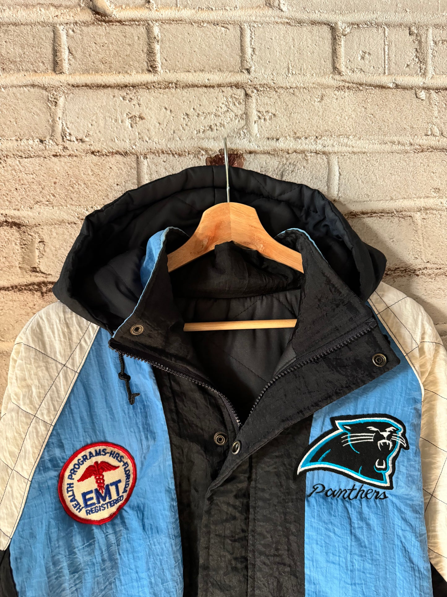 90’s Carolina Panthers EMS Patch Vintage Quilted Sleeved NFL Puffer Jacket (XL)