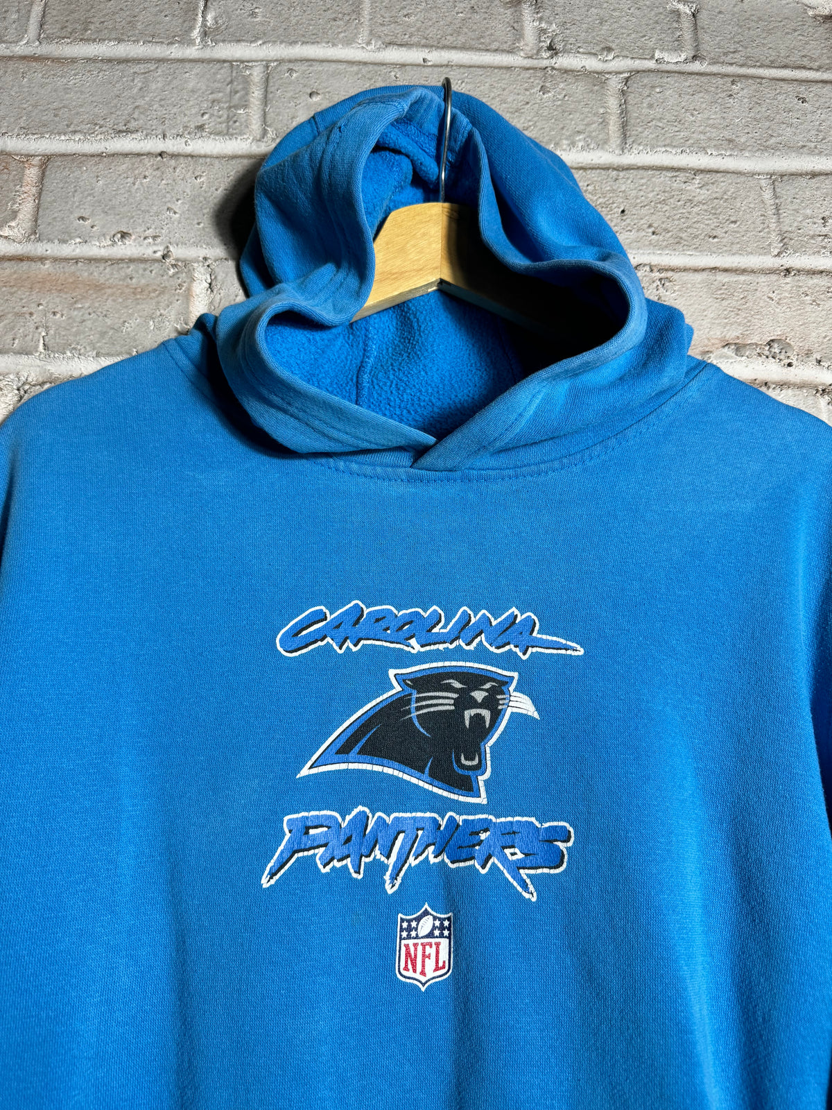 00’s Carolina Panthers Vintage Blue Reebok Cat Scratch Font NFL Hoodie (Small)