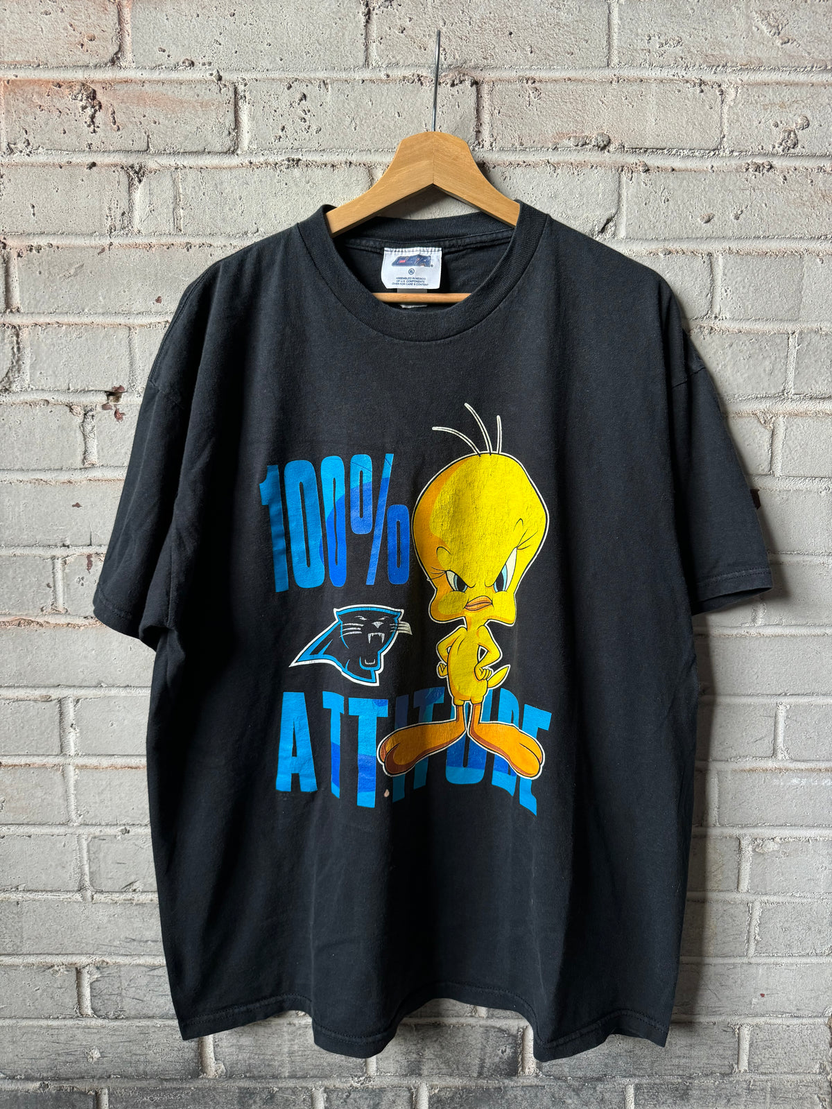 90’s Carolina Panthers x Tweety Bird “100% Attitude” Vintage Black NFL Cartoon Tee (XL)