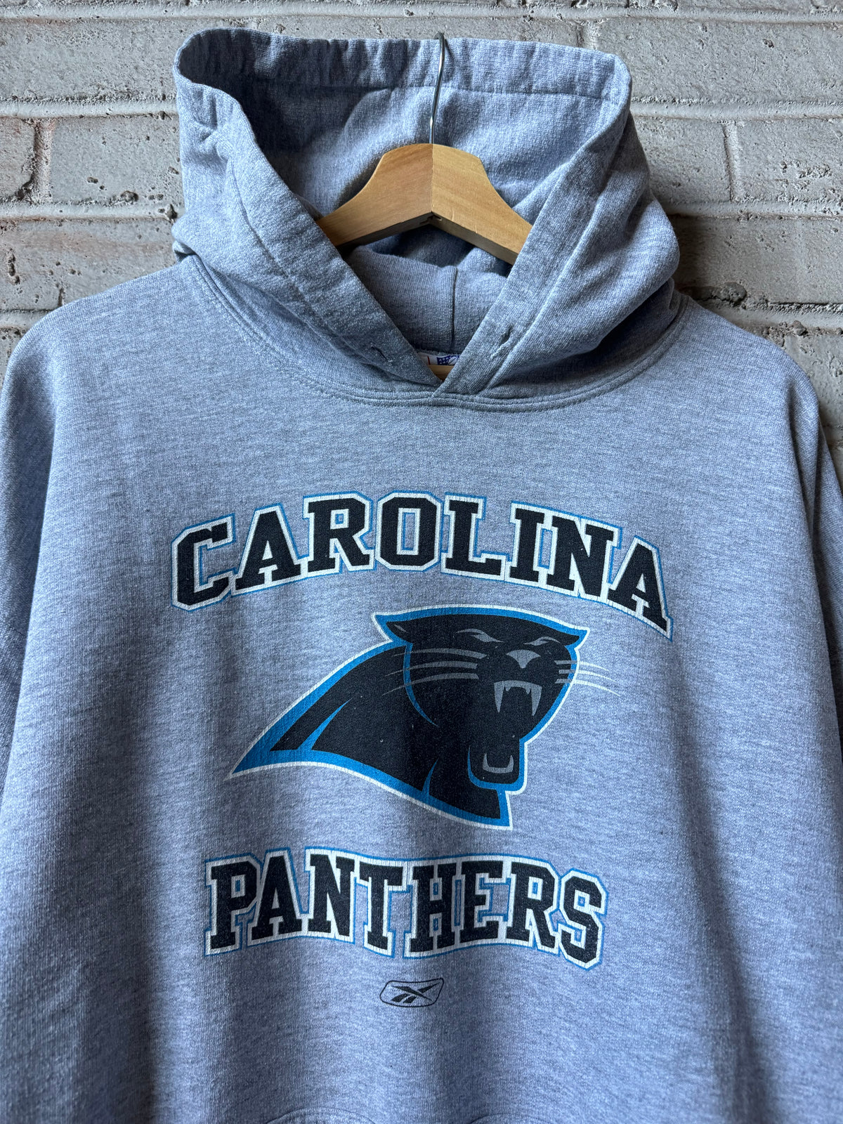 00’s Carolina Panthers Vintage Grey Reebok Arch Spellout NFL Logo Hoodie (Large)