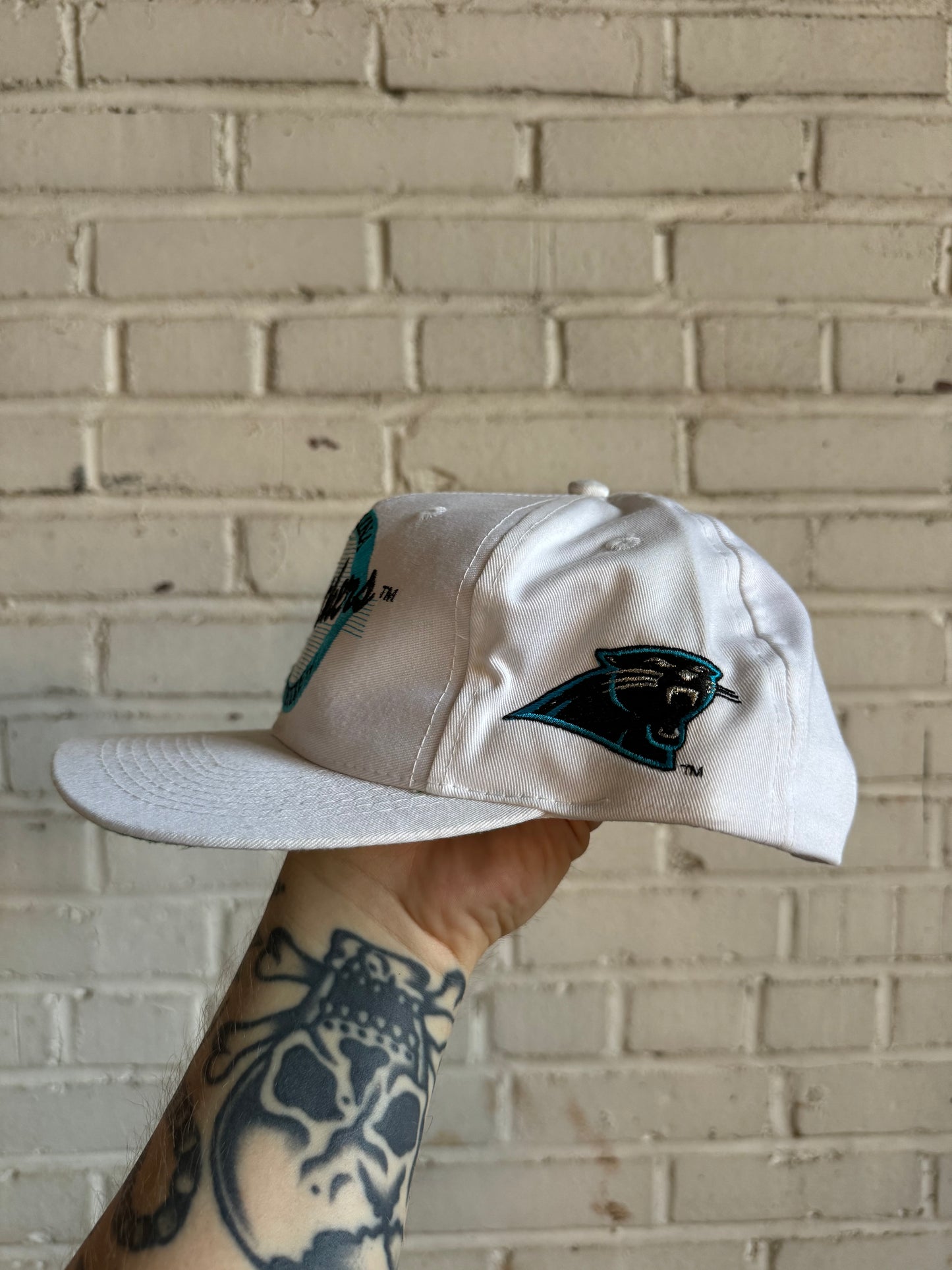 90’s Carolina Panthers Vintage White The Game Script NFL Snapback Hat (OSFA)