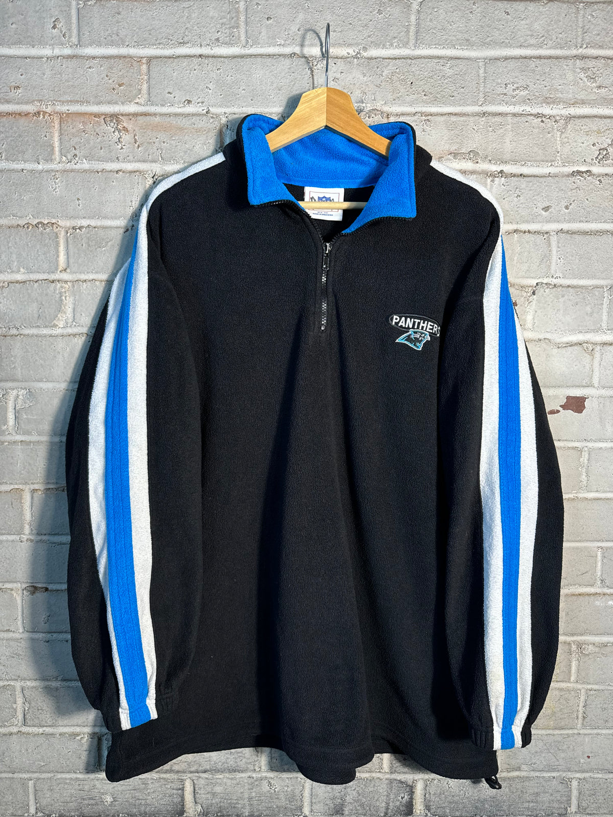 00’s Carolina Panthers Vintage Black Striped Quarter Zip NFL Fleece Pullover Jacket (XXL)