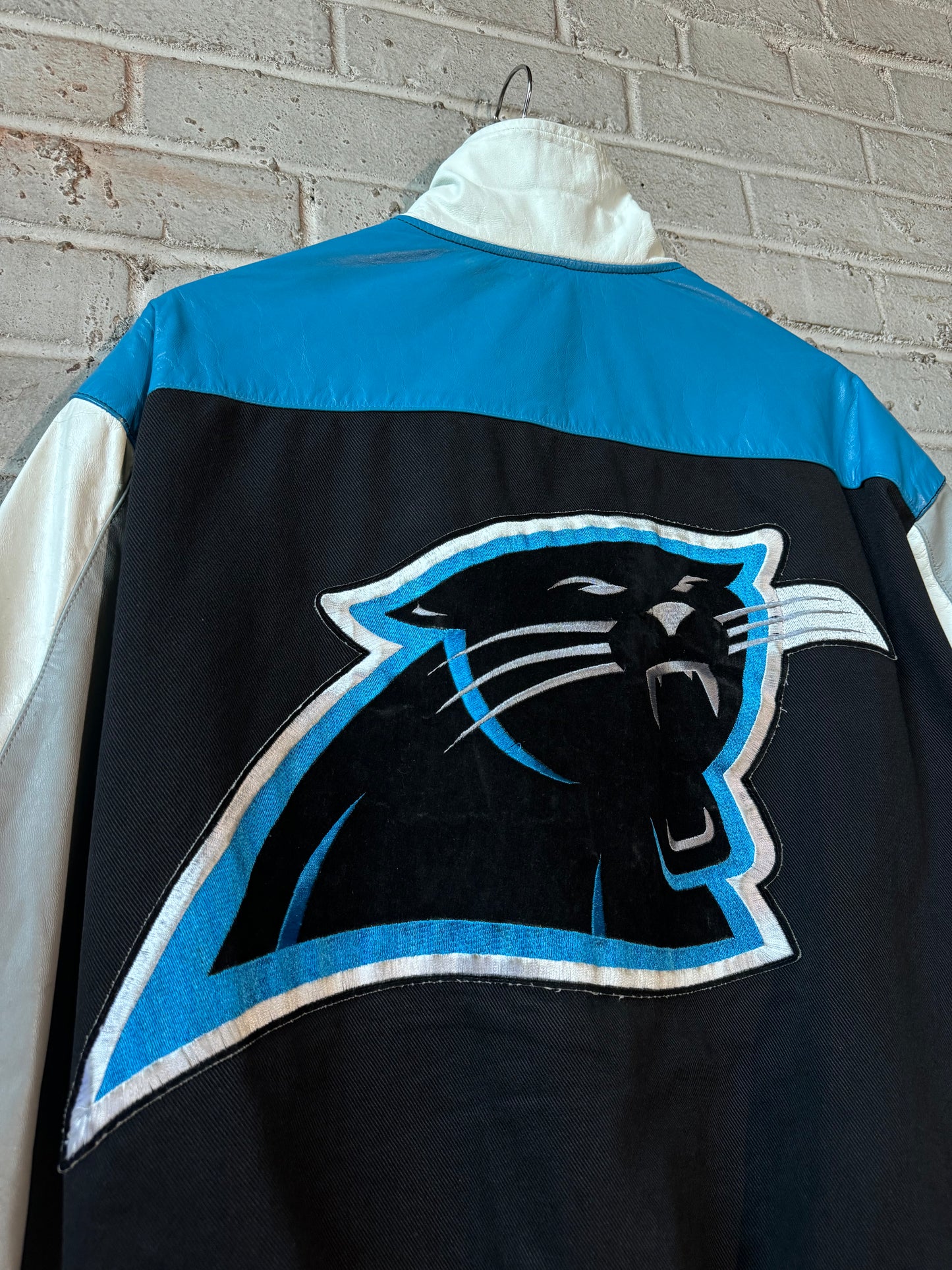 90’s Carolina Panthers Vintage Jeff Hamilton Leather Big Logo NFL Varsity Jacket (Large)