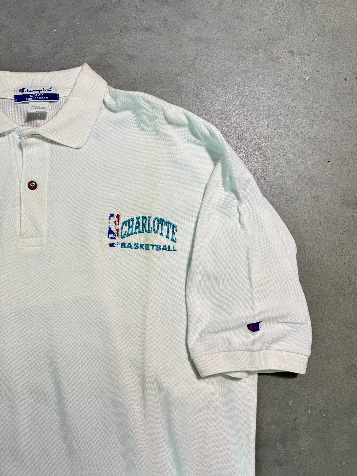 90’s Charlotte Hornets Basketball Vintage White Champion Embroidered Collared NBA Polo Shirt (XXL)