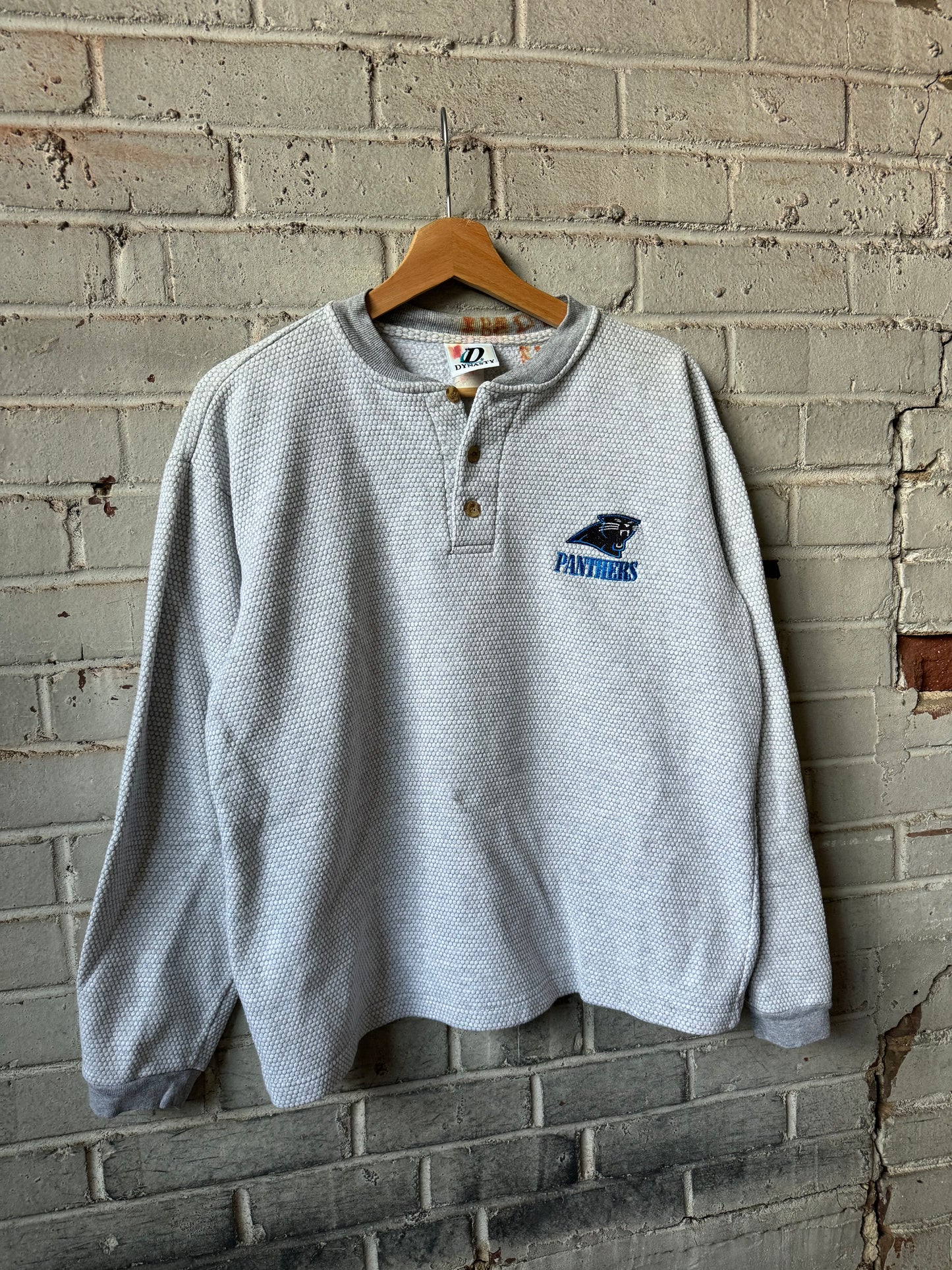 90’s Carolina Panthers Vintage Grey Waffle Knit 3 Button NFL Crewneck (Medium)