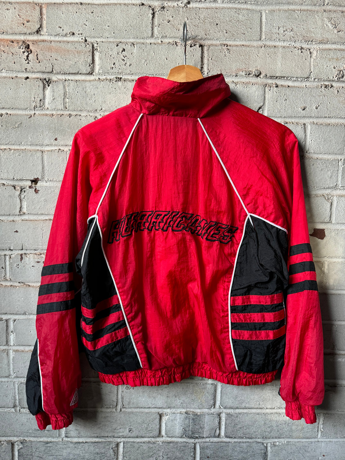 90’s Carolina Hurricanes Vintage Red Black NHL Word Mark Spellout Windbreaker Jacket (Youth Medium)
