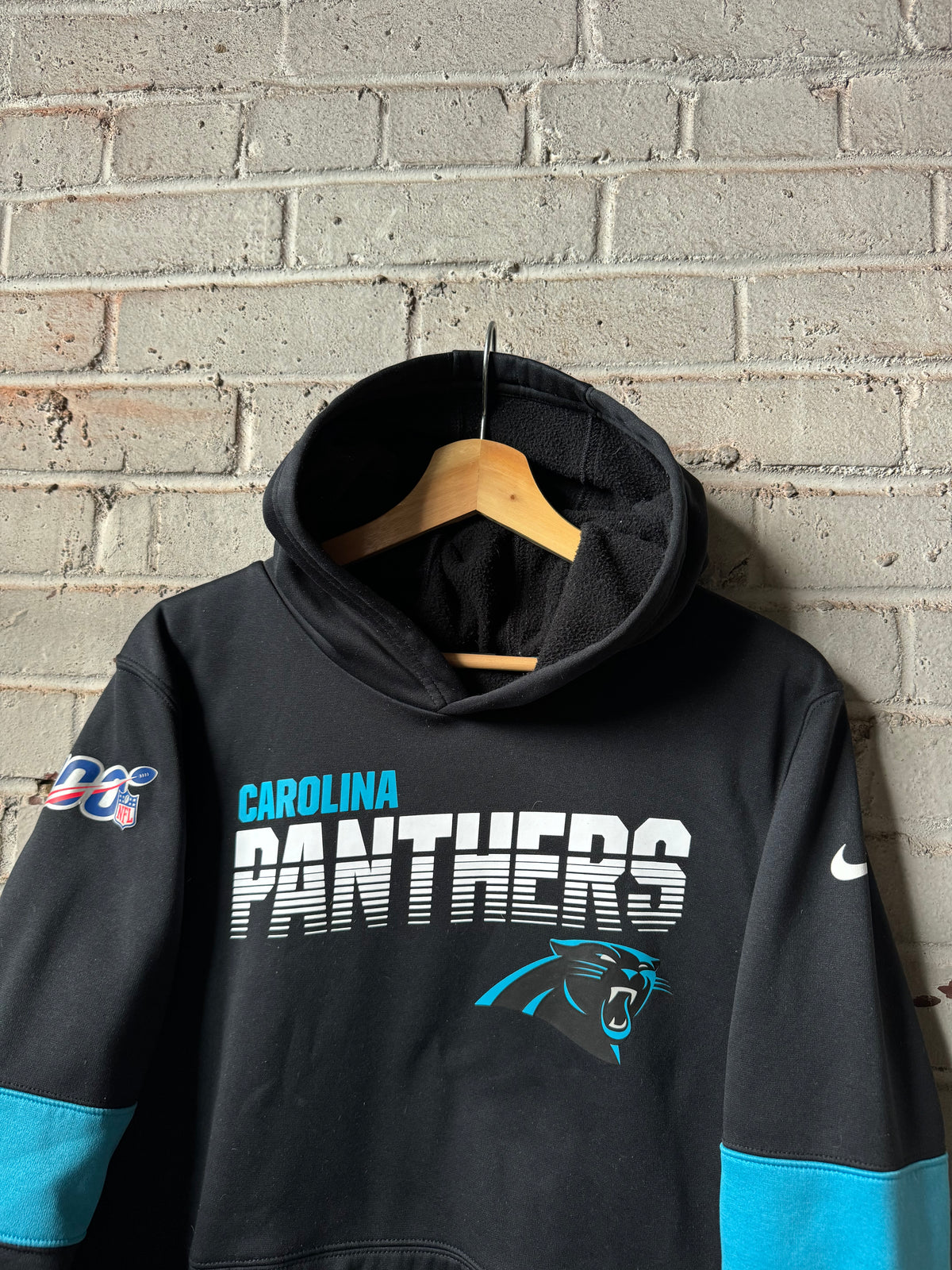 2019 Carolina Panthers Black Colorblocked Nike 100th NFL Anniversary Logo Hoodie (Youth XL)