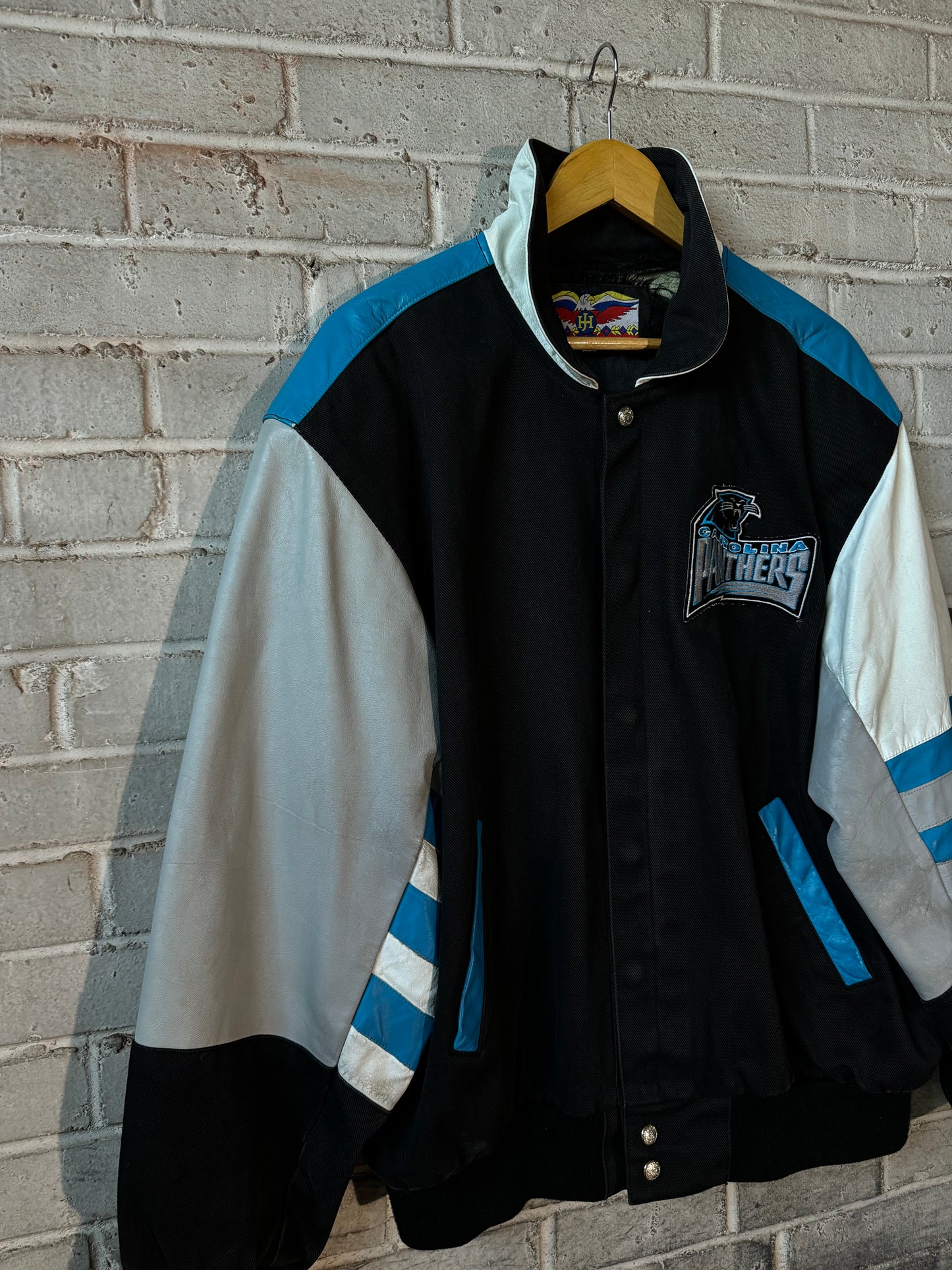 90’s Carolina Panthers Vintage Jeff Hamilton Leather Big Logo NFL Varsity Jacket (Large)