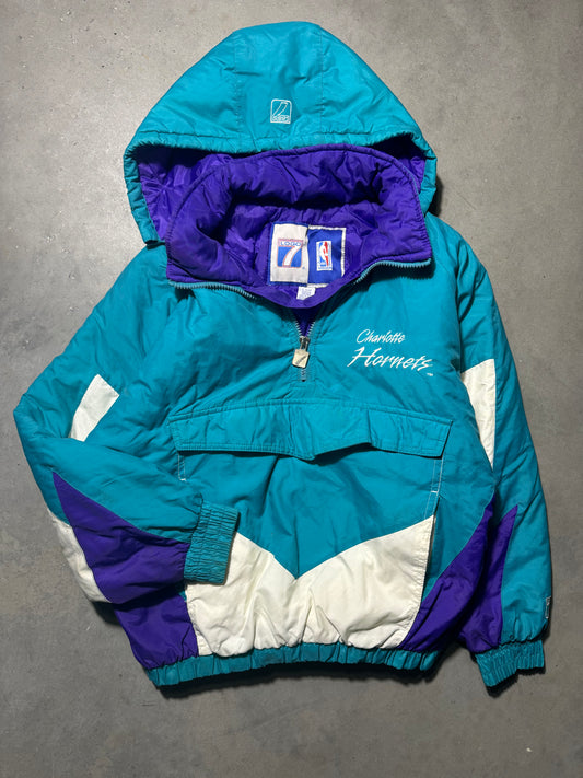 90’s Charlotte Hornets Vintage Teal Colorblocked Half Zip Logo 7 NBA Pullover Puffer Jacket (Large)