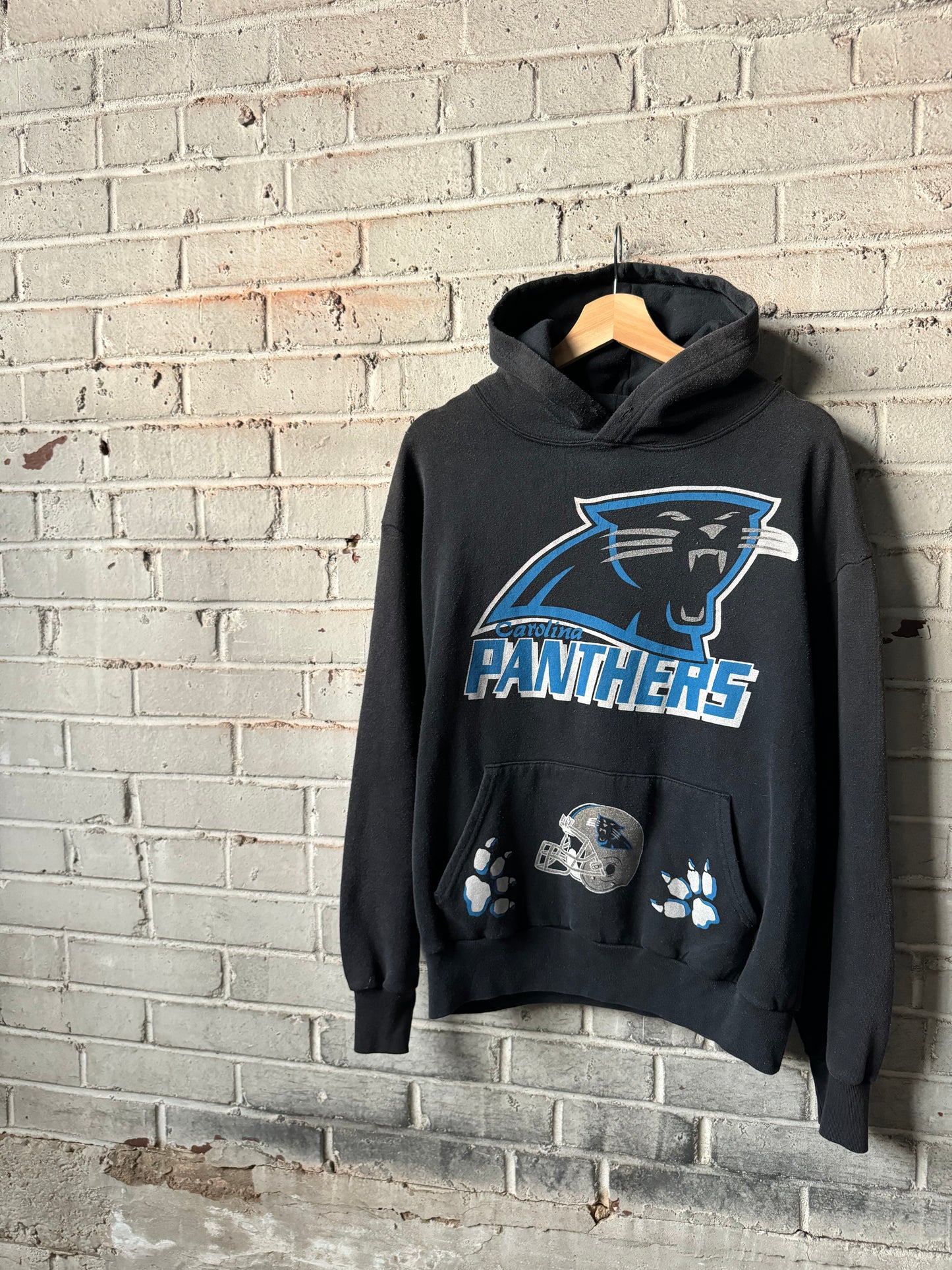 1993 Carolina Panthers Vintage Black Paw Prints NFL Expansion Era Big Logo Hoodie (Medium)