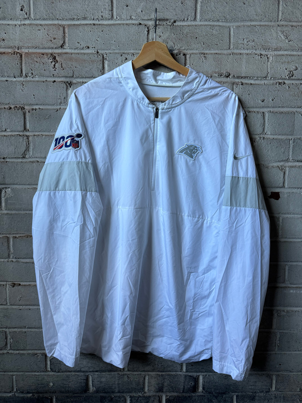 2019 Carolina Panthers White/Silver 100th NFL Season Patch Nike Half Zip Team Issued Sideline Jacket (Large)