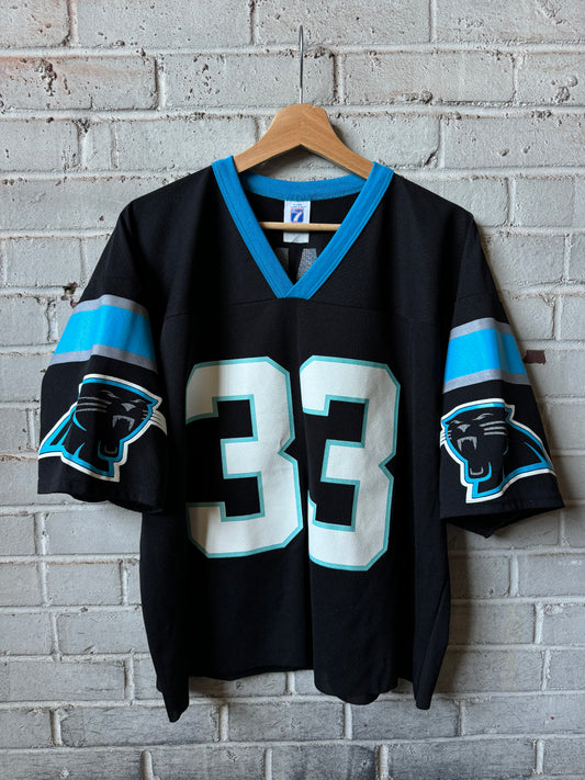 90’s Carolina Panthers Doug Evans Vintage Logo 7 Cropped Black NFL Jersey (Boxy Large)