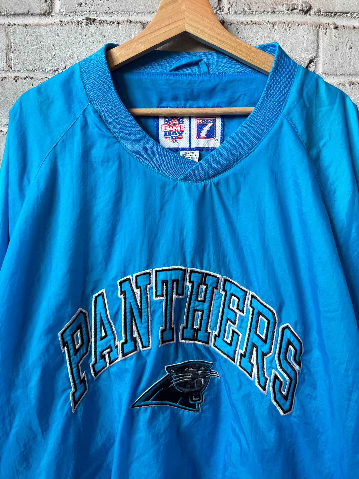 90’s Carolina Panthers Vintage Electric Blue Logo 7 Embroidered NFL Pullover Jacket (XL)