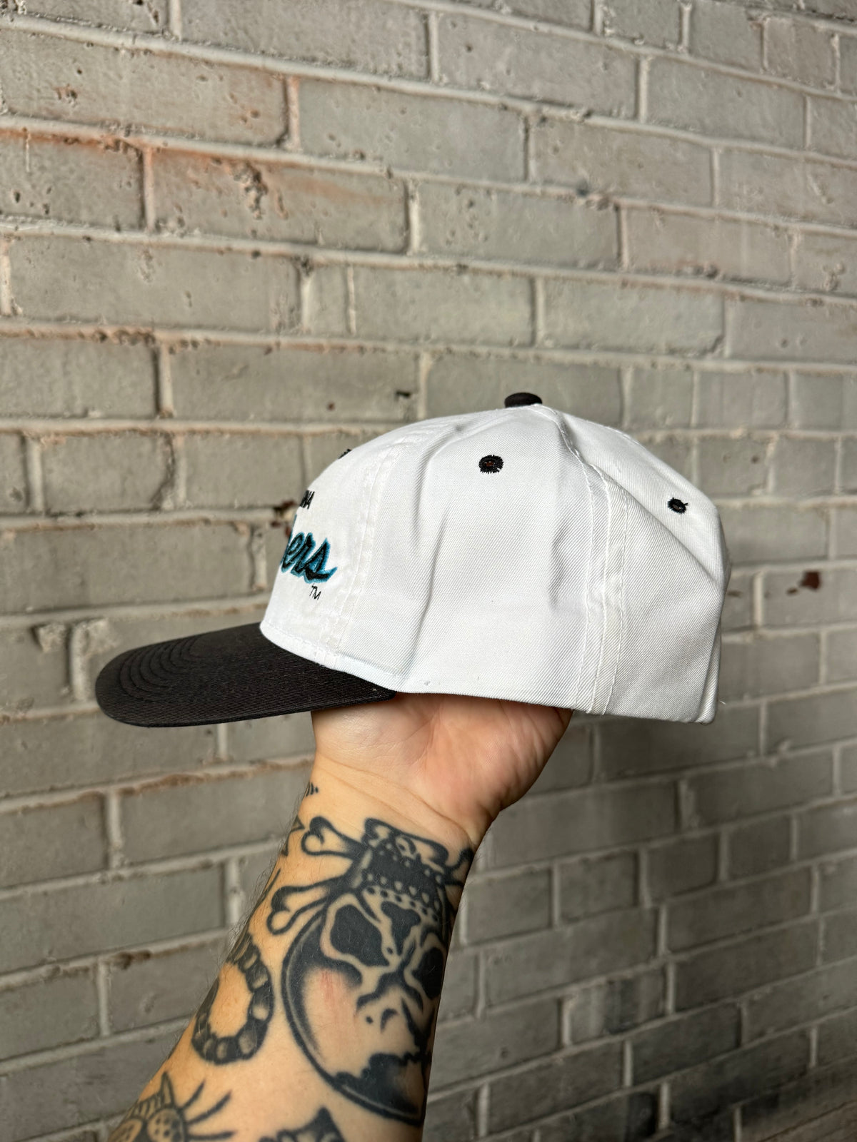 90’s Carolina Panthers Vintage White Sports Specialties Script Sideline Snapback Hat (OSFA)