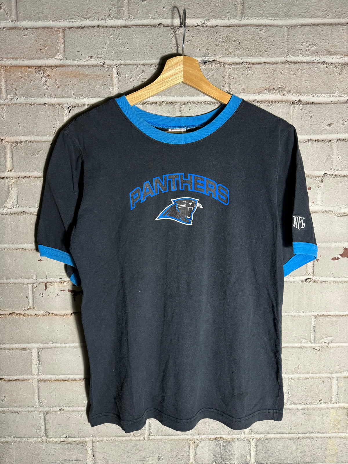 00’s Carolina Panthers Vintage Black Spellout NFL Ringer Tee (Small)