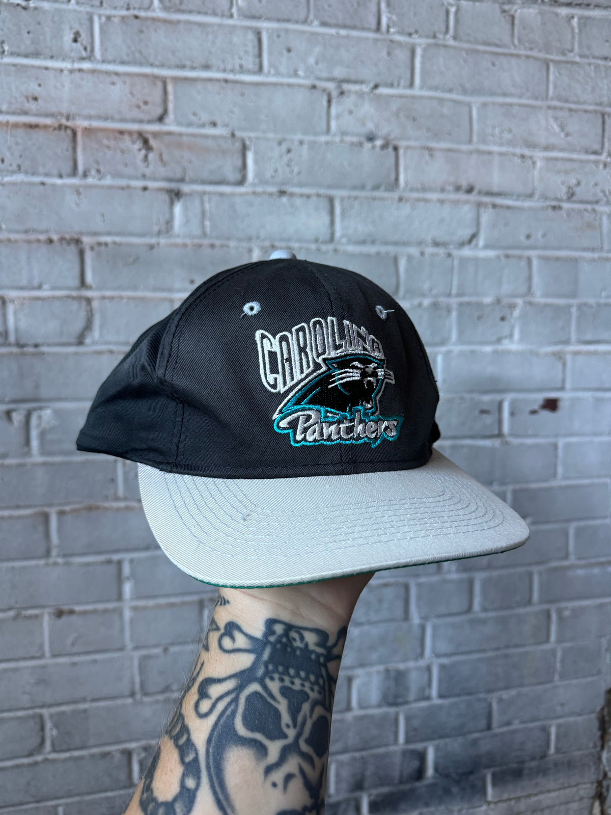 90’s Carolina Panthers Black Khaki NFL Spellout Snapback Hat (OSFA)