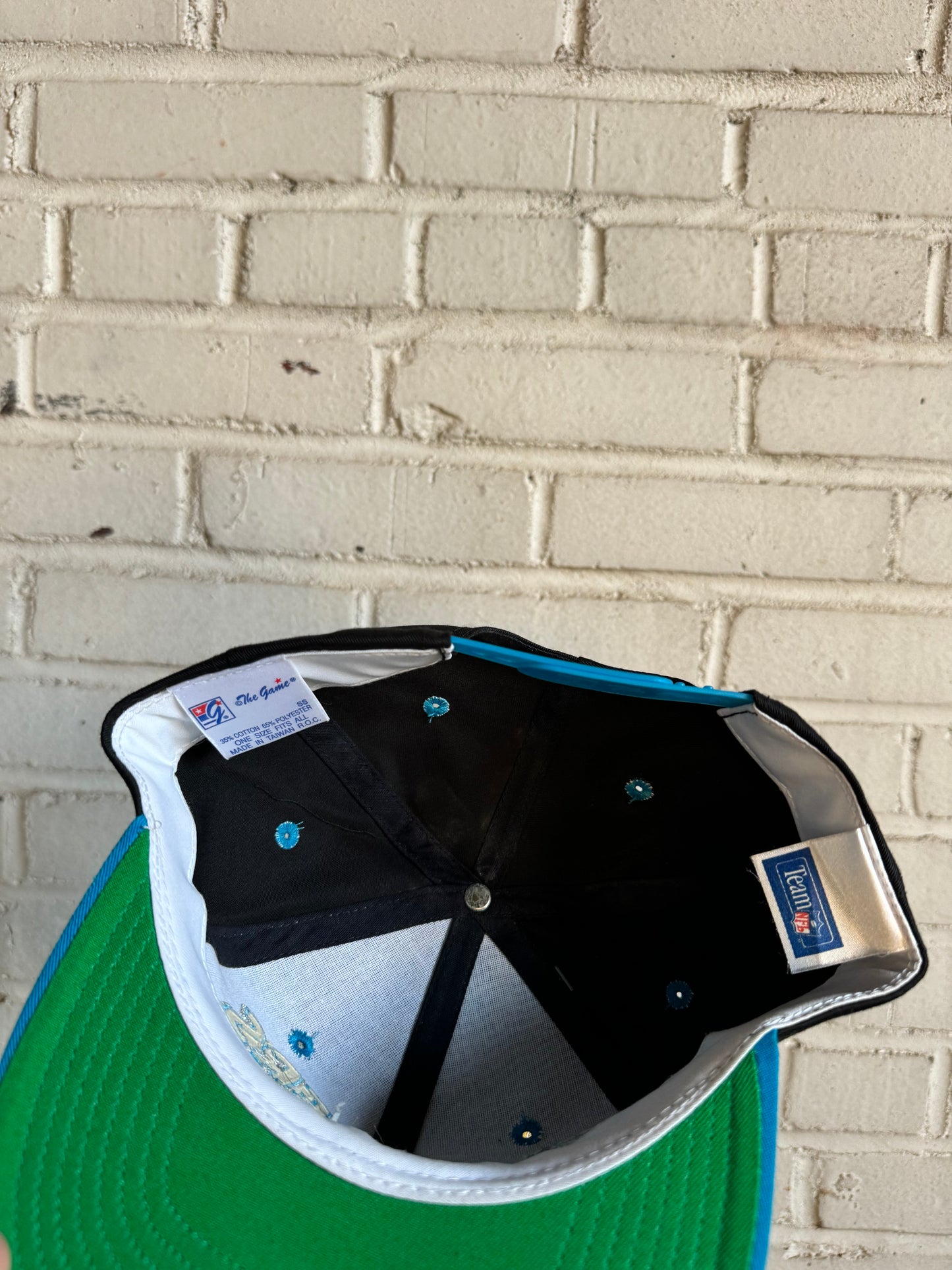 90’s Carolina Panthers Vintage Black The Game Spellout NFL Snapback Hat - Deadstock (OSFA)