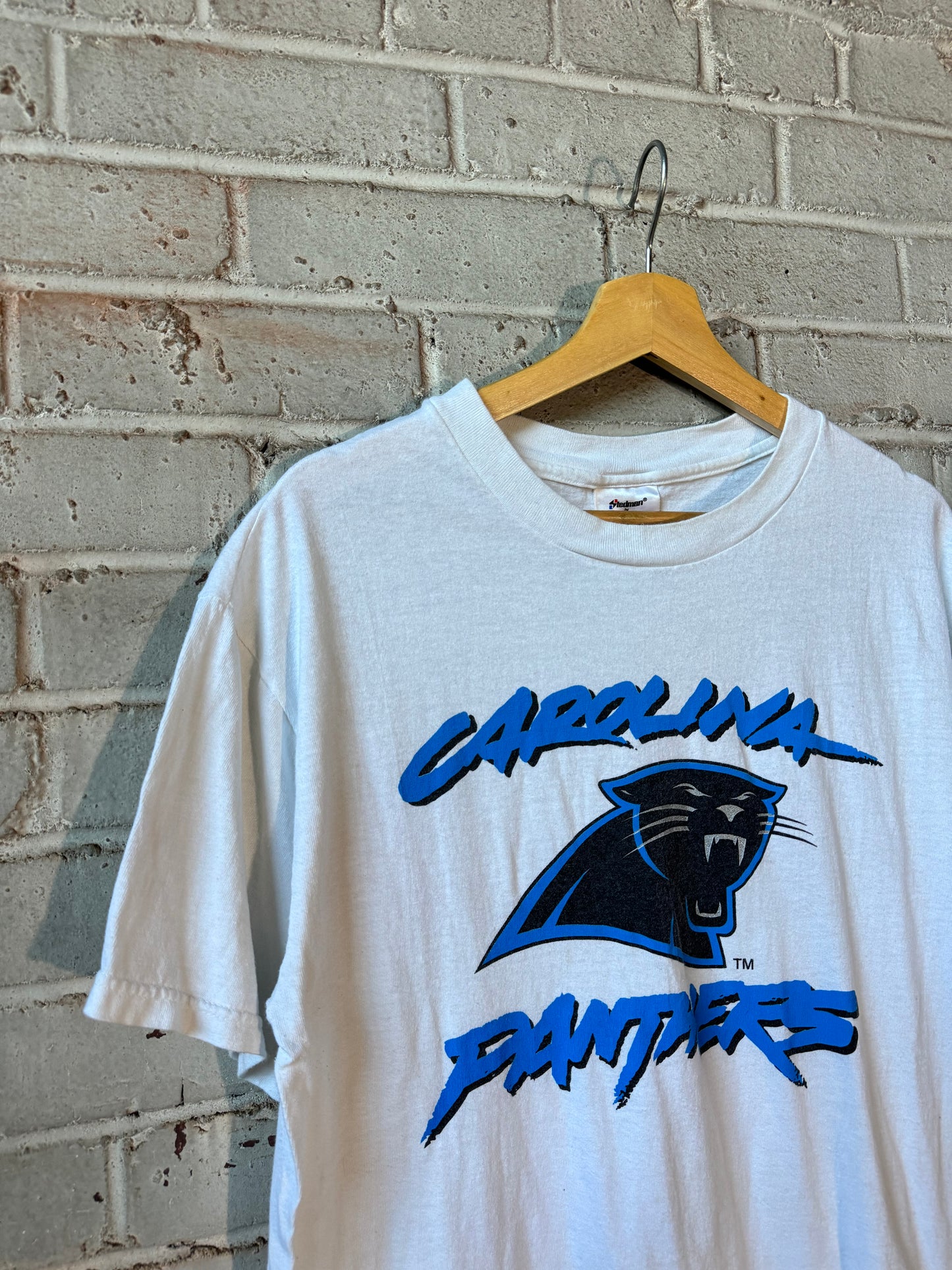 90’s Carolina Panthers Vintage White Cat Scratch Font NFL Tee (Medium)