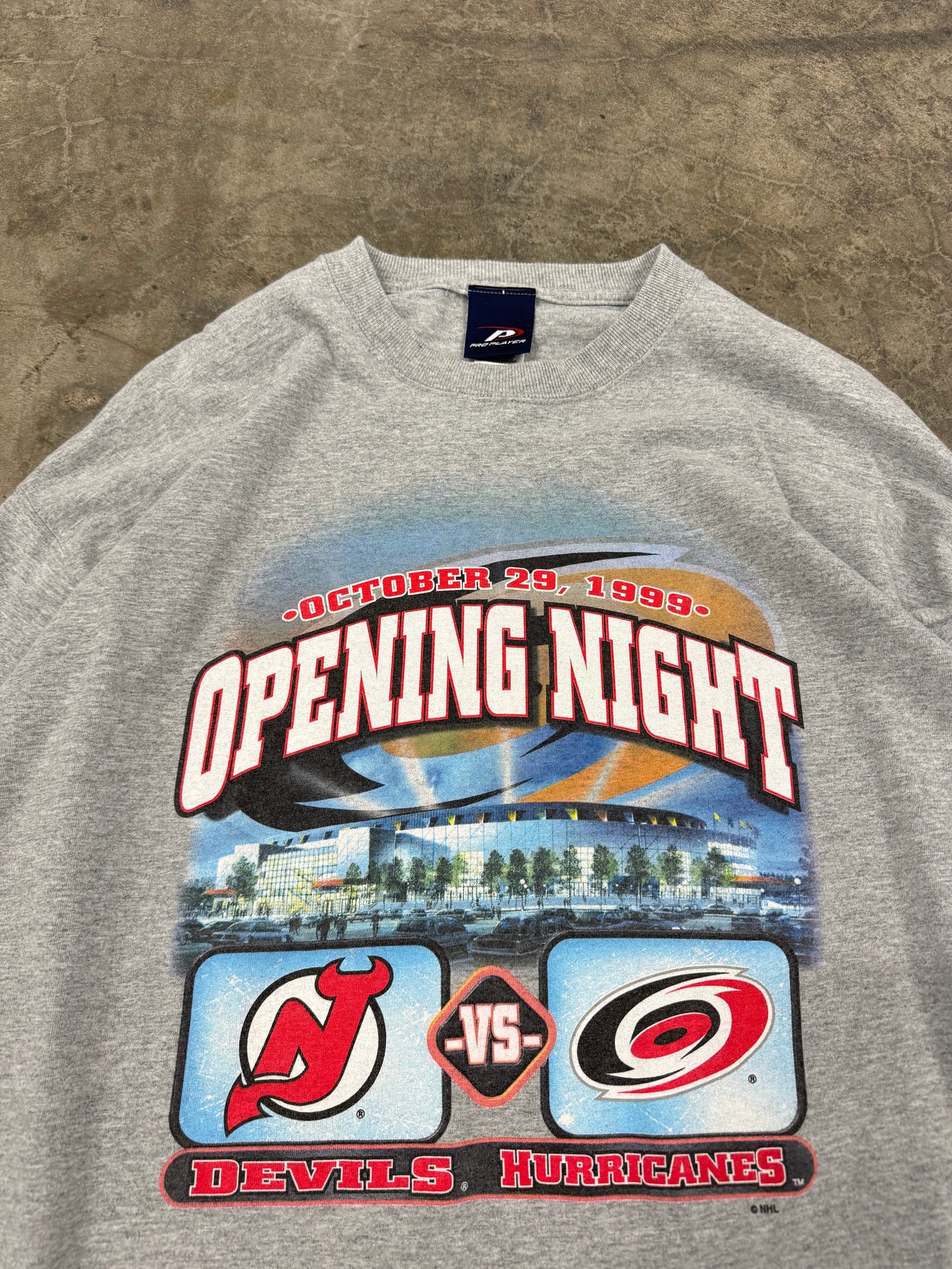 1999 Carolina Hurricanes vs. New Jersey Devils Opening Night Vintage Grey Pro Player NHL Hockey Tee (XXL)