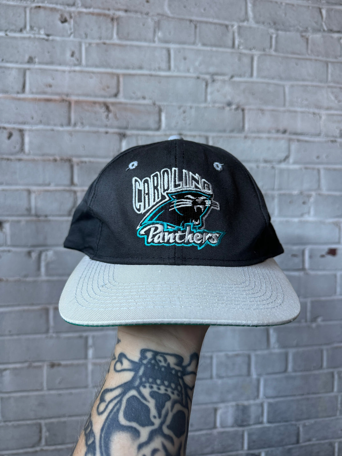90’s Carolina Panthers Black Khaki NFL Spellout Snapback Hat (OSFA)