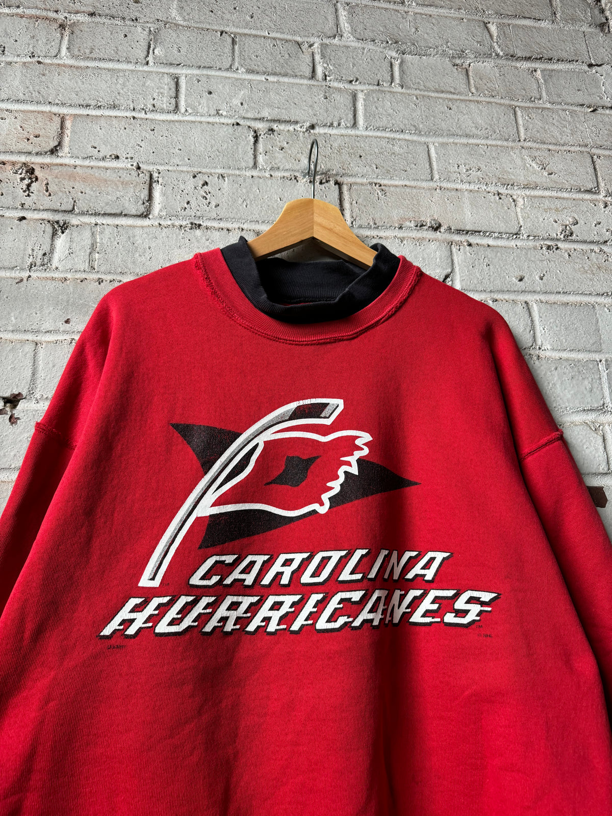 90’s Carolina Hurricanes Vintage Red Warning Flag Alternate Logo Mock Neck NHL Crewneck (XL)