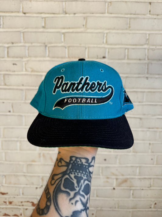 90’s Carolina Panthers Vintage Blue Black Starter Wool Tailsweep Script NFL Snapback Hat (OSFA)