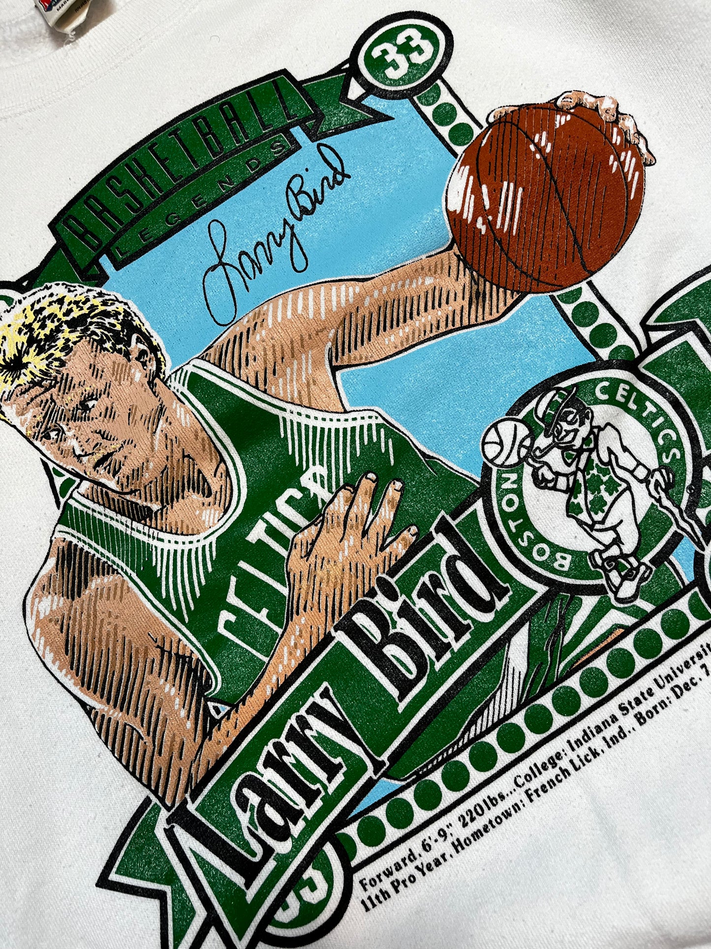 90's Boston Celtics Larry Bird Nutmeg Mills Player Card Vintage NBA Crewneck (Large)