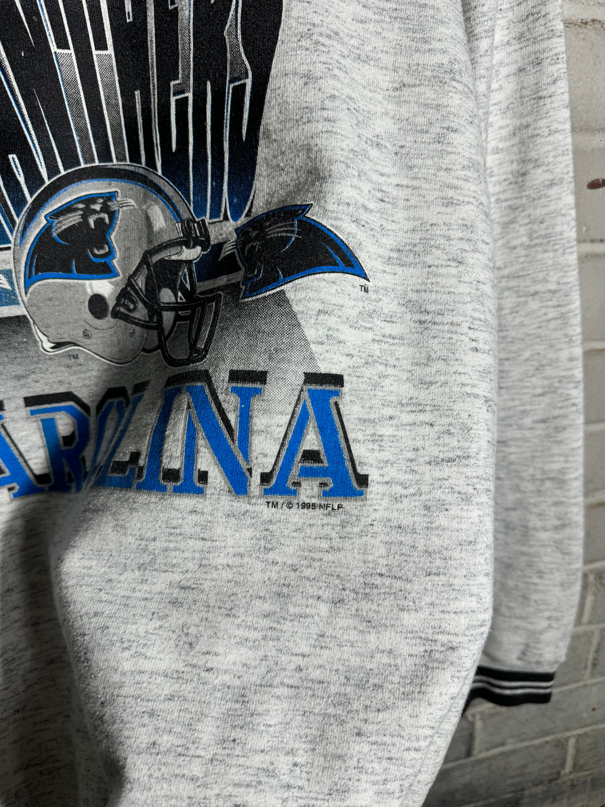 1995 Carolina Panthers Vintage Heather Grey Contrast Ribbing Inaugural Season NFL Crewneck (Medium)