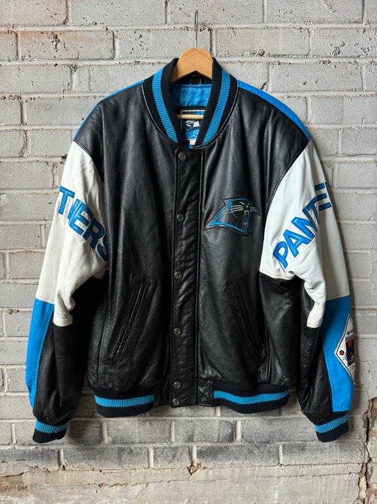 90’s Carolina Panthers Vintage G-III Quarterback Club Colorblocked Genuine Leather NFL Jacket (Large)