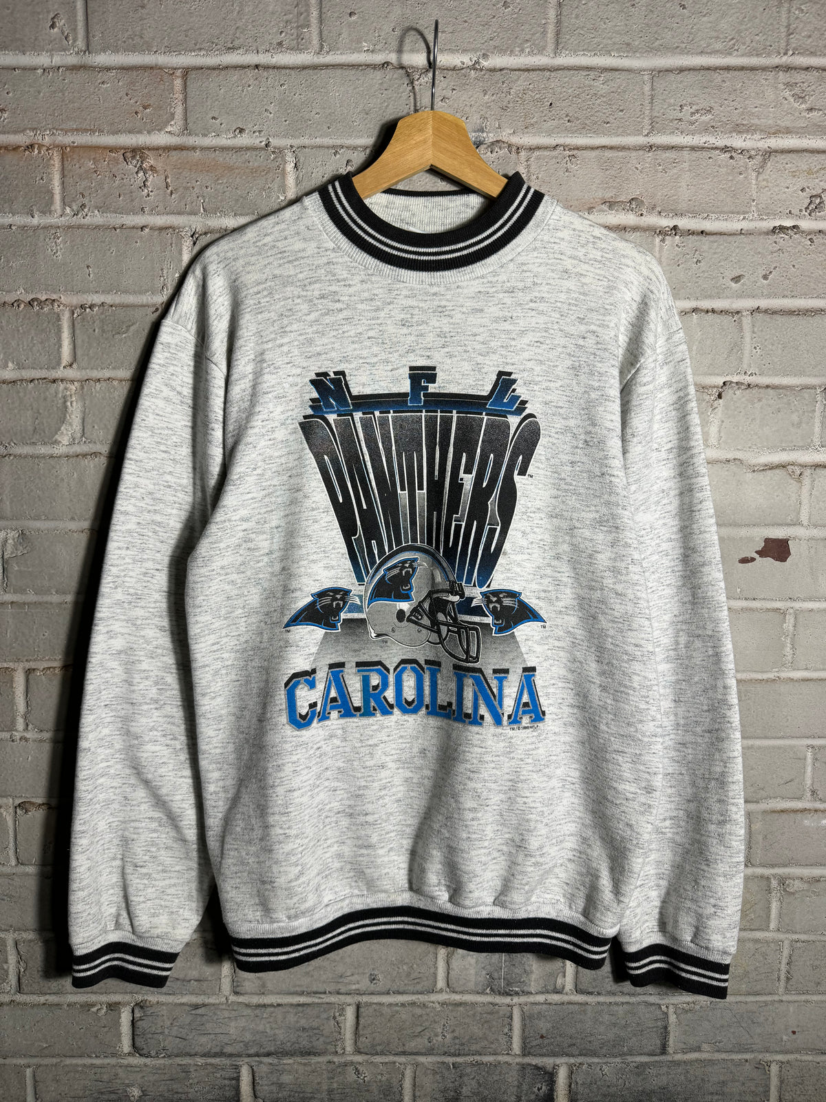 1995 Carolina Panthers Vintage Heather Grey Contrast Ribbing Inaugural Season NFL Crewneck (Medium)