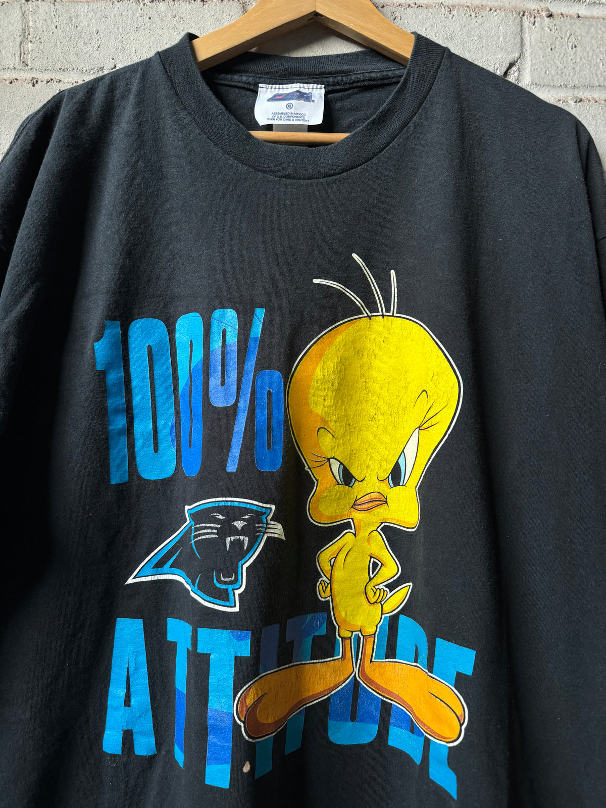 90’s Carolina Panthers x Tweety Bird “100% Attitude” Vintage Black NFL Cartoon Tee (XL)