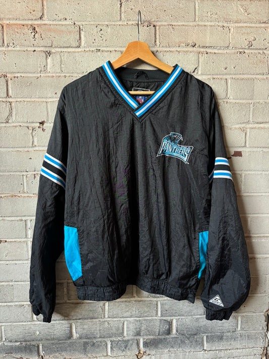 90’s Carolina Panthers Vintage Black Sleeve Striped NFL Windbreaker Pullover (Medium)