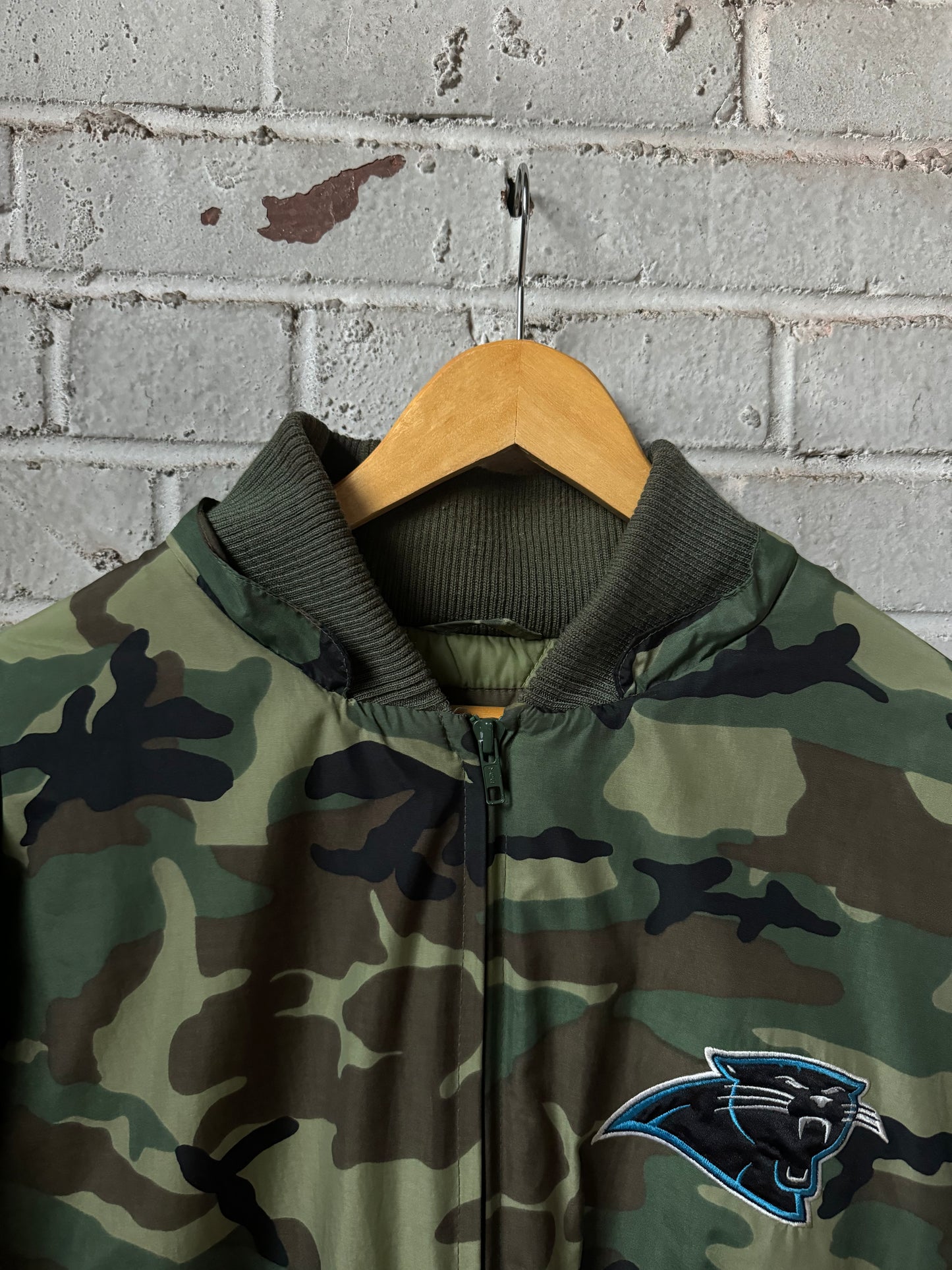 00’s Carolina Panthers Vintage Cat Scratch Font Camo NFL Bomber Jacket (XL)
