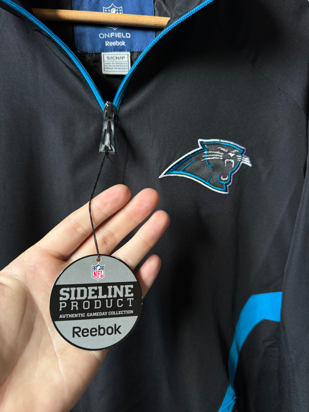 00’s Carolina Panthers Vintage Black Reebok Quarter Zip NFL Sideline Pullover Jacket - Deadstock (Small)