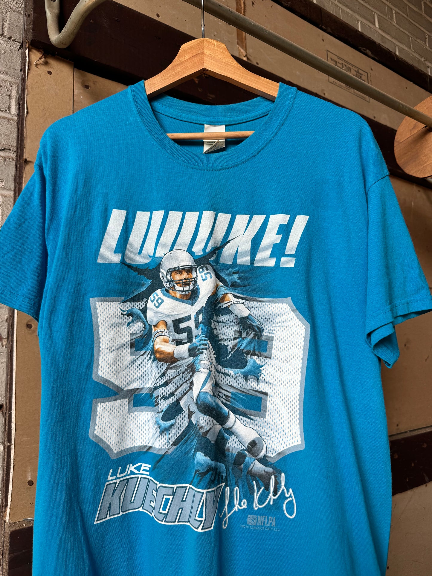 2016 Carolina Panthers Luke Kuechly “LUUUUKE” Blue NFL Player Tee (Large)