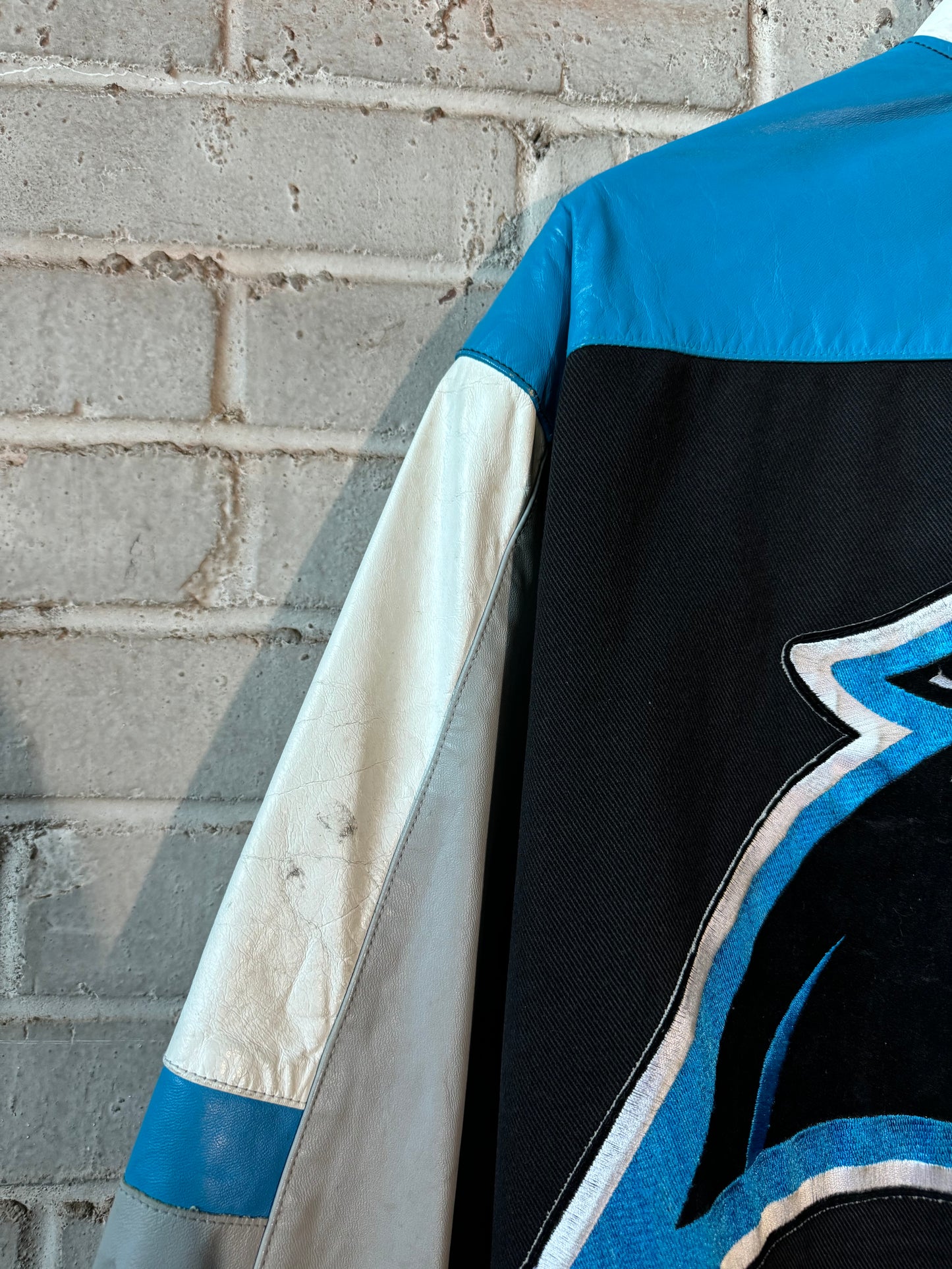 90’s Carolina Panthers Vintage Jeff Hamilton Leather Big Logo NFL Varsity Jacket (Large)