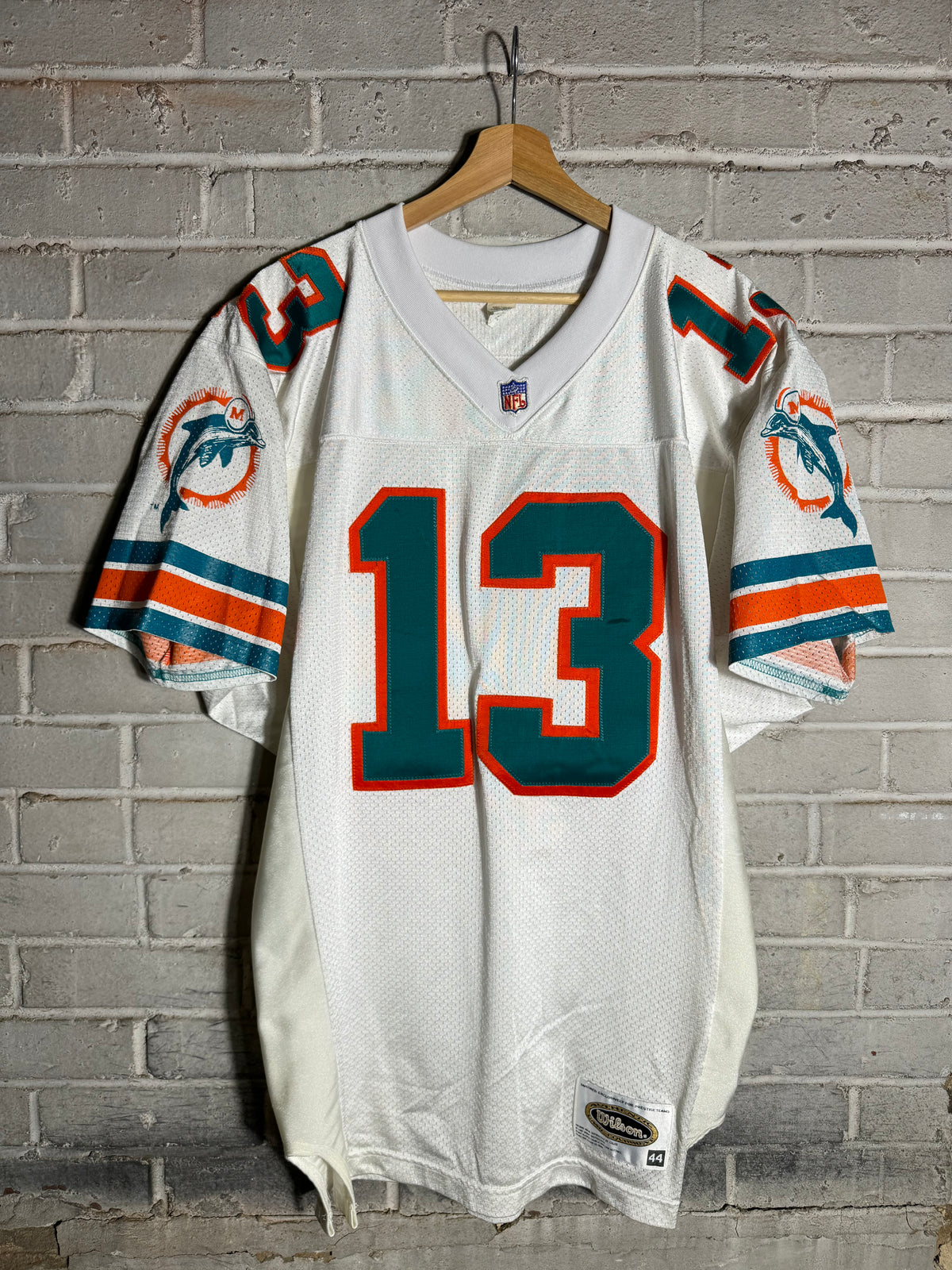 90’s Miami Dolphins Dan Marino Vintage White Wilson Fully Embroidered On Field Authentic NFL Jersey (44/Large)