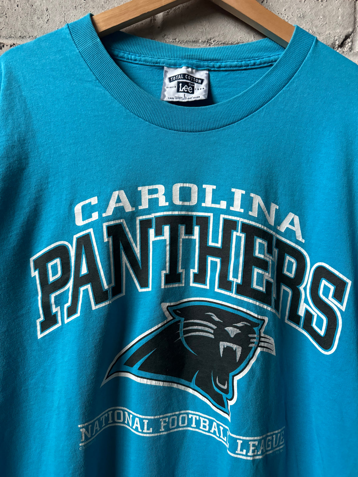 1998 Carolina Panthers Vintage Blue Lee Sport Cat Scratch Font NFL Tee (Large)